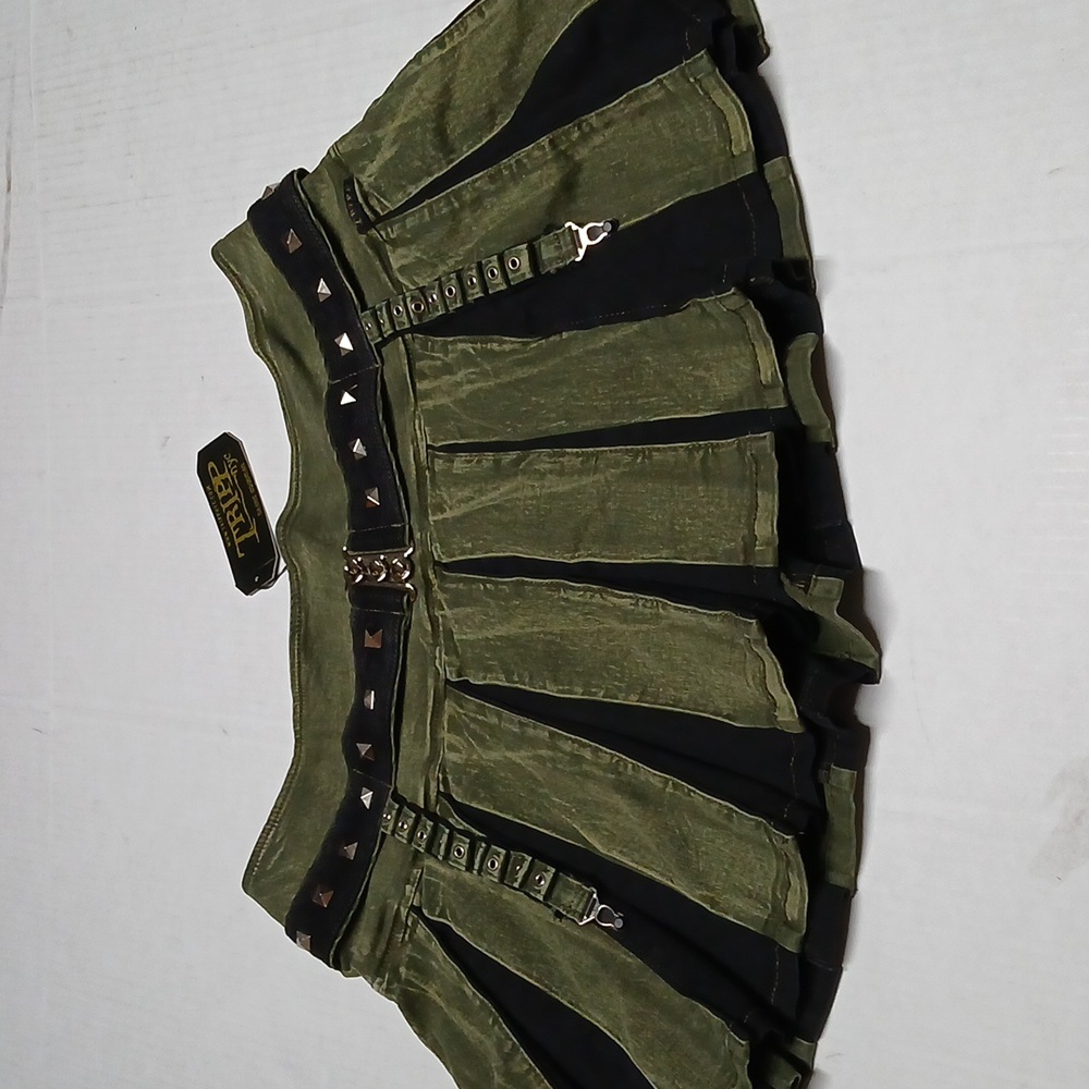 Tripp NYC Mini Skirt Army Green Wash w/ Black Pleats + Studs & Grommet Straps 1X